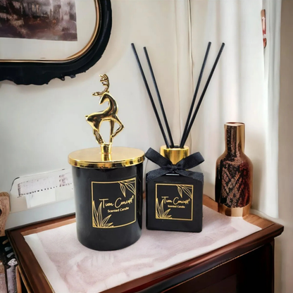 Geyik Başlık Detaylı 100 ml Oda Kokusu Ve Siyah Mum Seti