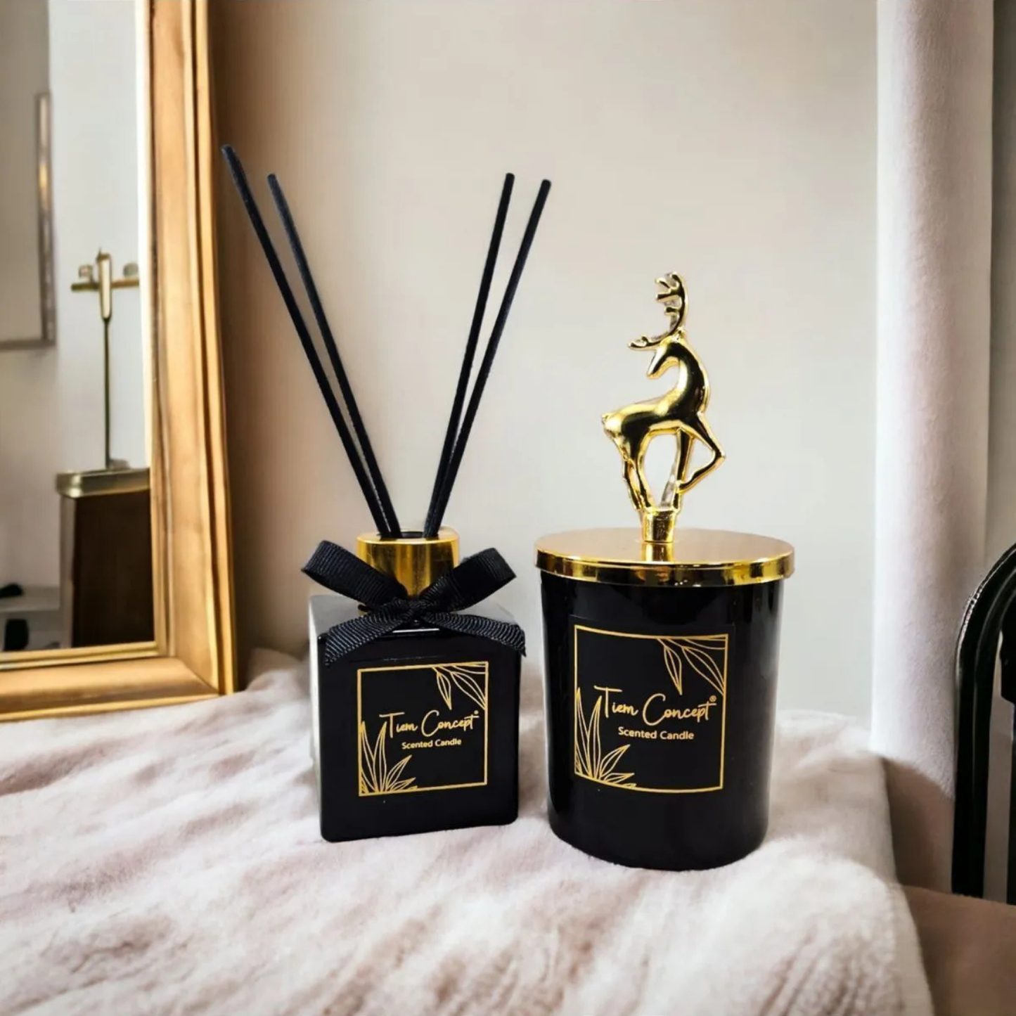 Geyik Başlık Detaylı 100 ml Oda Kokusu Ve Siyah Mum Seti