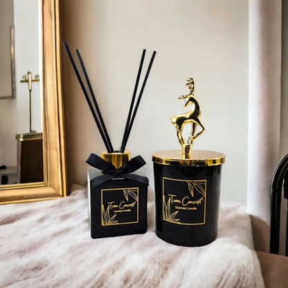 Geyik Başlık Detaylı 100 ml Oda Kokusu Ve Siyah Mum Seti