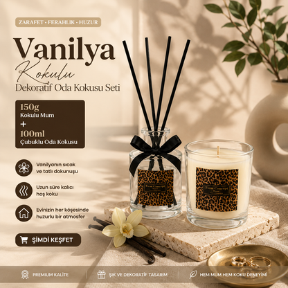 Vanilya Kokulu Oda Kokusu Seti -  Çubuklu Oda Kokusu 100 ml ve Kokulu Bardak Mum 150g