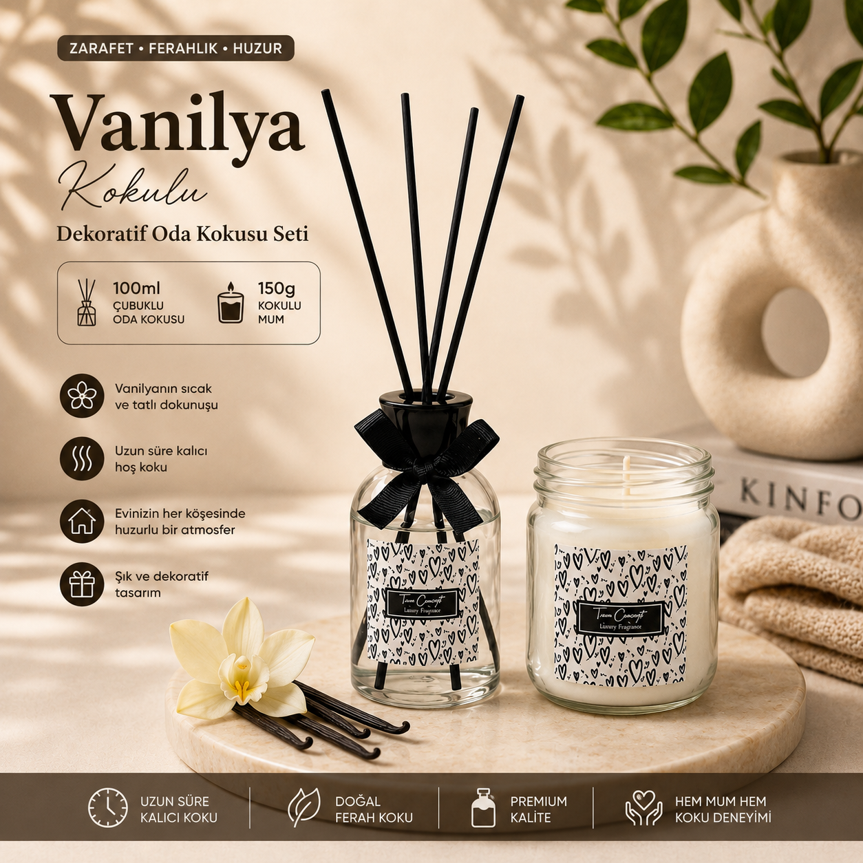 Vanilya Kokulu Oda Kokusu Seti - Çubuklu Oda Kokusu 100 ml ve Kokulu Kavanoz Mum 150g