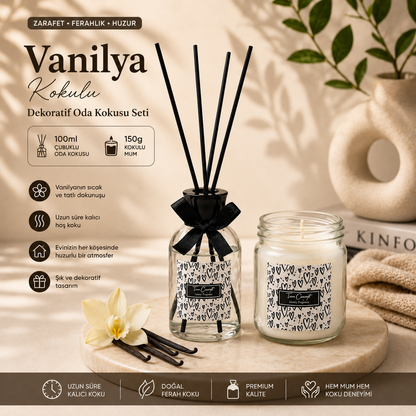 Vanilya Kokulu Oda Kokusu Seti - Çubuklu Oda Kokusu 100 ml ve Kokulu Kavanoz Mum 150g