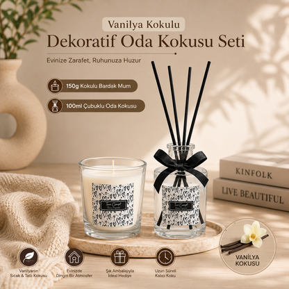 Vanilya Kokulu Oda Kokusu Seti - Çubuklu Oda Kokusu 100 ml ve Bardak Mum 150g