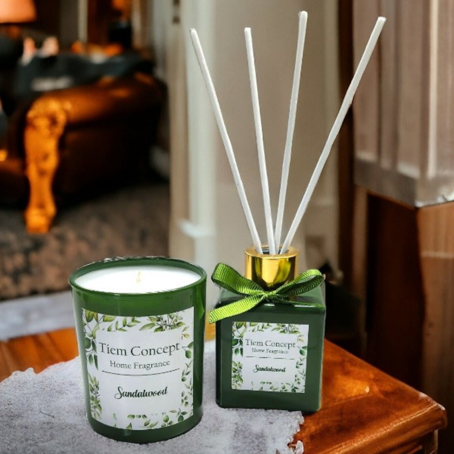 Sandalwood Scented Green Glass Candle and Room Fragrance Set 10 ml Valentine's Day Special