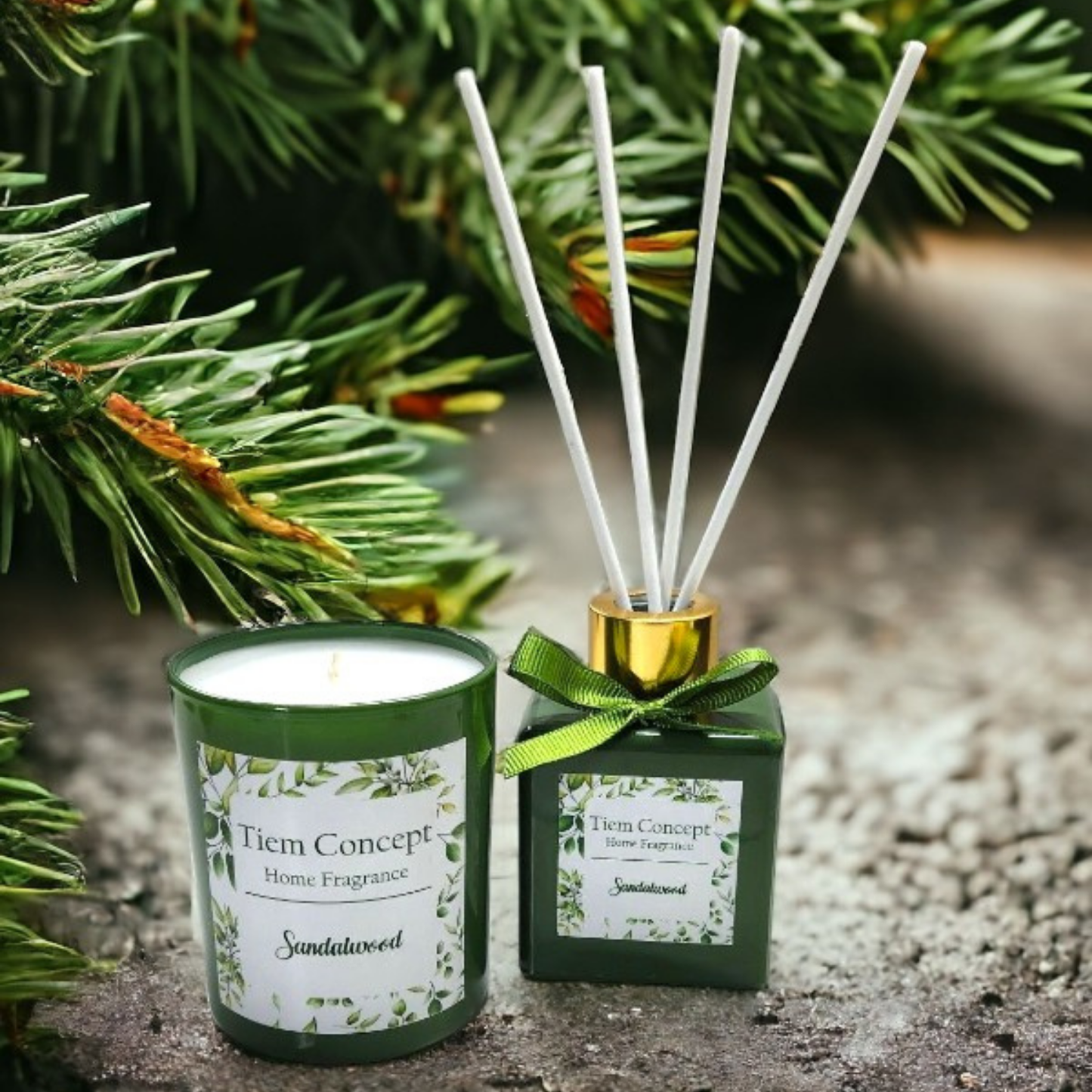 Sandalwood Scented Green Glass Candle and Room Fragrance Set 10 ml Valentine's Day Special