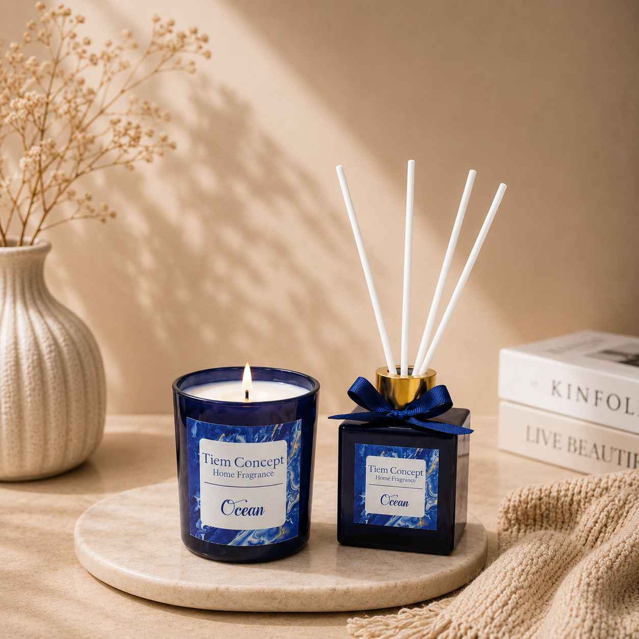 Vanilla Scented Gray Glass Candle and Room Fragrance Set 100 ml