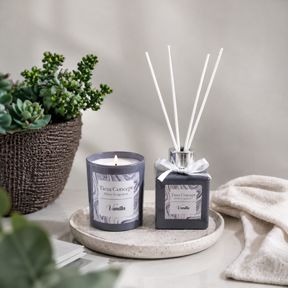 Vanilla Scented Gray Glass Candle and Room Fragrance Set 100 ml