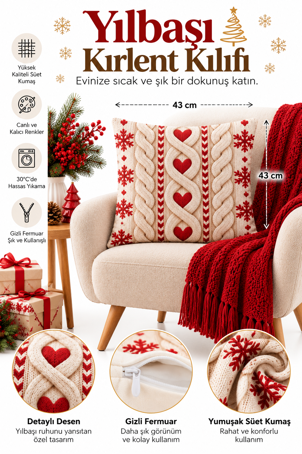 Yılbaşı Temalı Dekoratif Kırlent Kılıfı