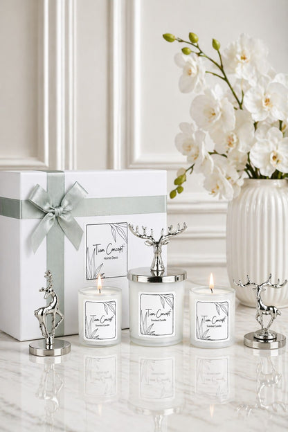 New Year Decorative Special Design White Boxed Vanilla Scented Silver Deer Top 3-Piece Glass Candle Set