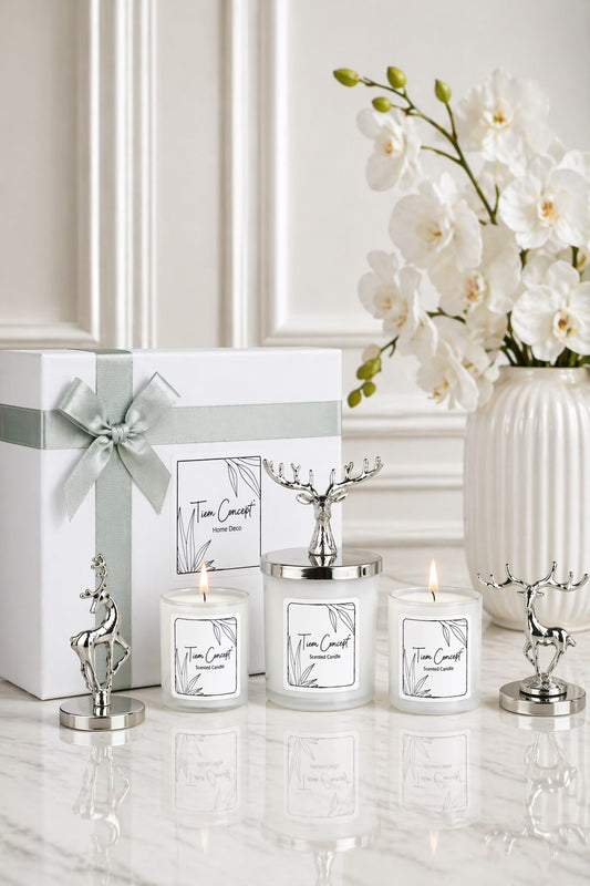 New Year Decorative Special Design White Boxed Vanilla Scented Silver Deer Top 3-Piece Glass Candle Set