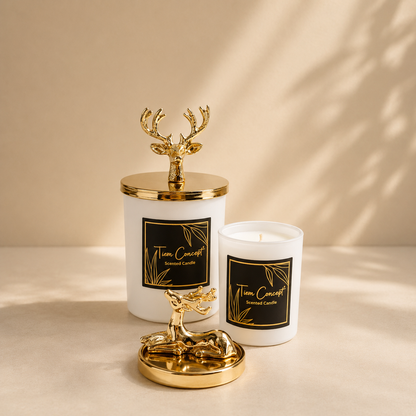 Tiem Concept Special Design Decorative Gold Deer Vanilla Scented 2-Piece White Glass Candle Set