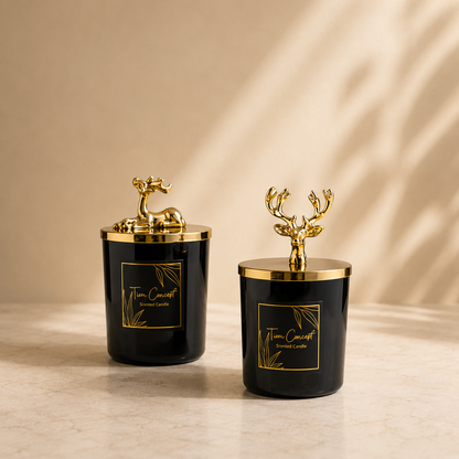 Tiem Concept Decorative Special Design Gold Deer Headed 2-Piece Black Glass Candle Set