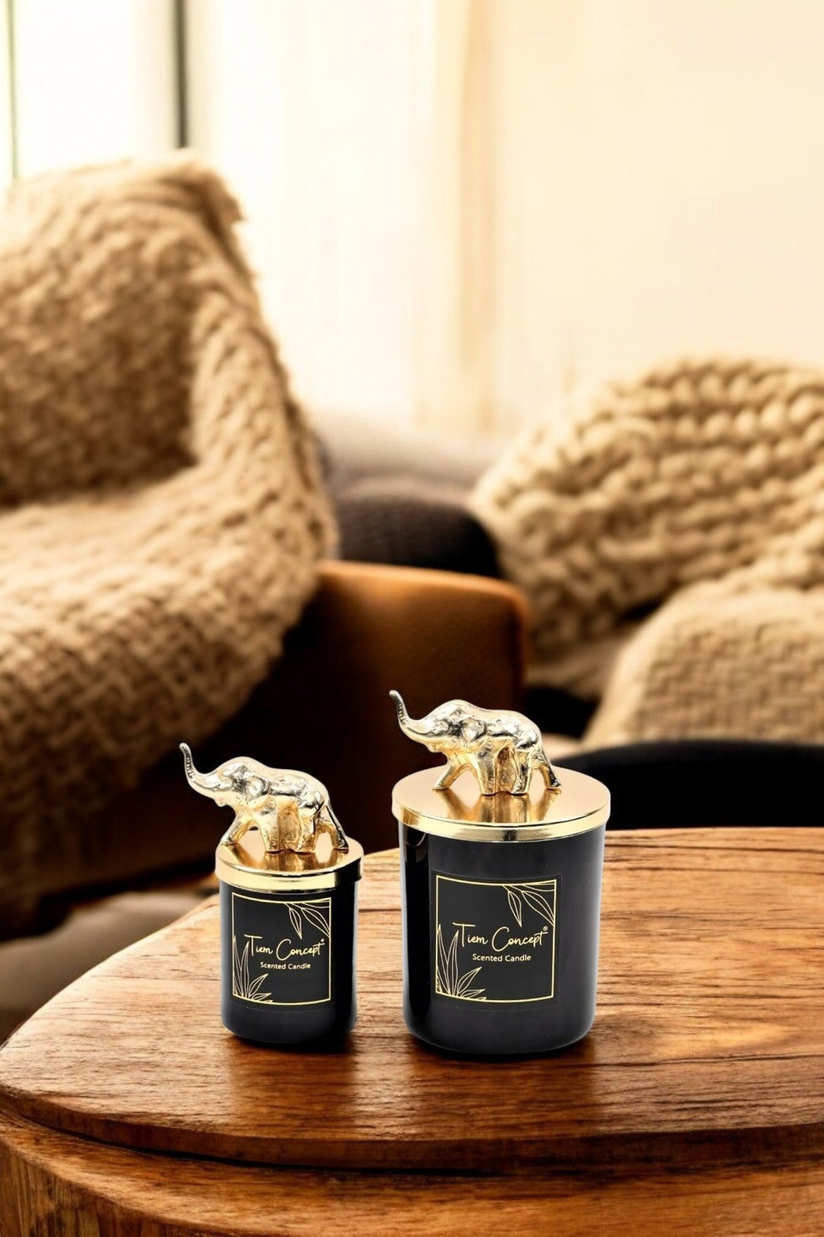 Dekoratif Gold Fil Tepelikli 2'li Siyah Bardak Mum Seti