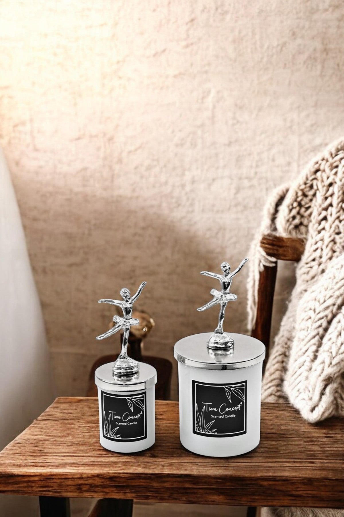 Tiem Concept Special Design Decorative Silver Ballerina Vanilla Scented 2-Piece White Glass Candle Set