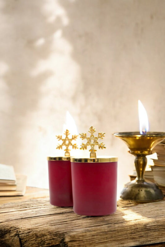 Tiem Concept Dekoratif Özel Tasarım Gold Kar Tanesi Tepelikli Amber Kokulu 2li Bordo Bardak Mum Seti