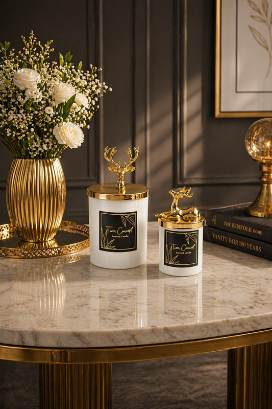 Tiem Concept Special Design Decorative Gold Deer Vanilla Scented 2-Piece White Glass Candle Set