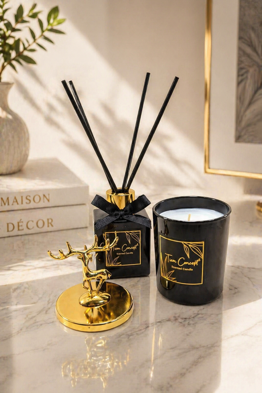 Geyik Başlıklı Gold Detaylı 100 ml Oda Kokusu Ve Siyah Mum Seti