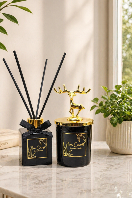 Geyik Başlıklı Gold Detaylı 100 ml Oda Kokusu Ve Siyah Mum Seti