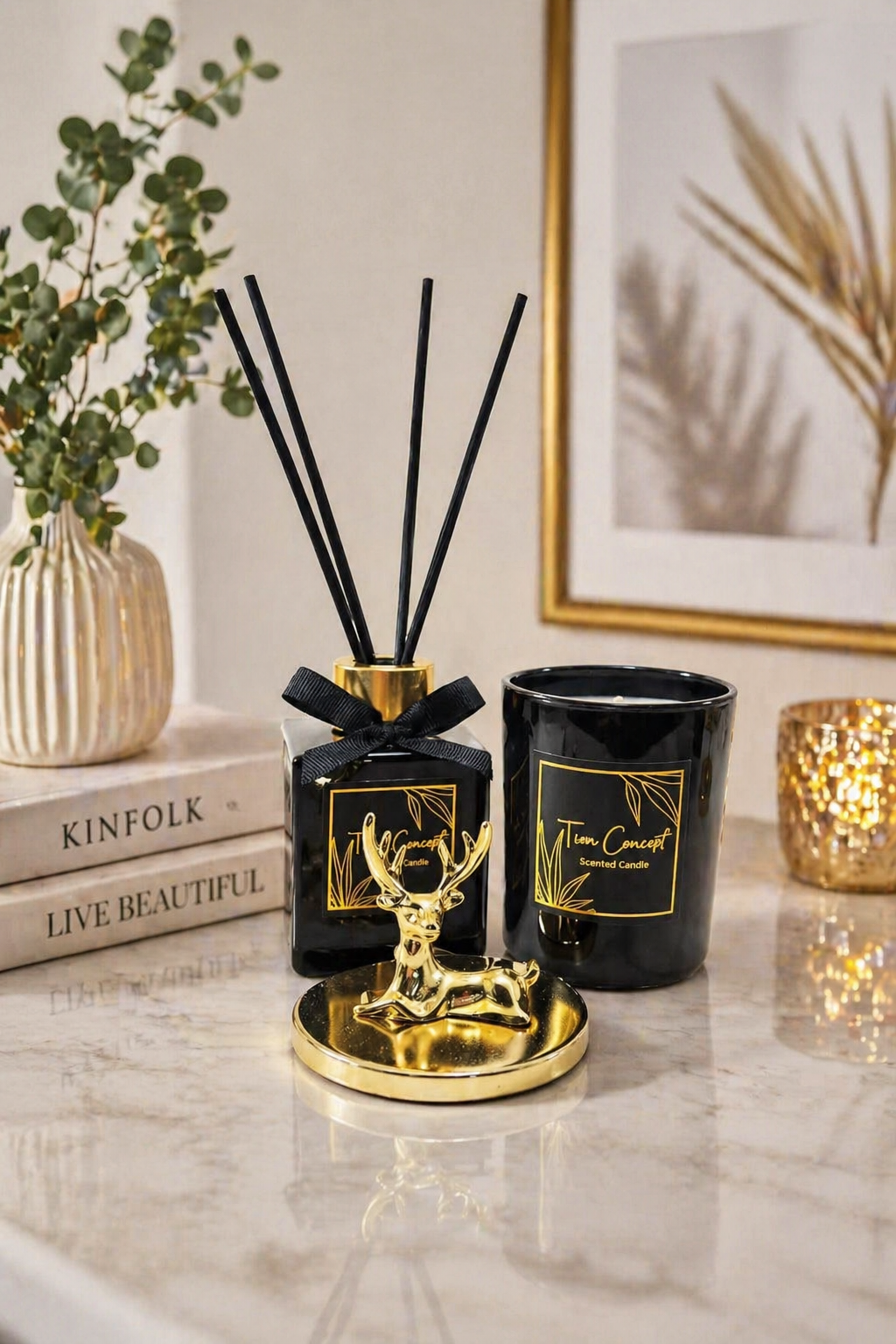 Geyik Başlıklı Gold Detaylı Oda Kokusu Ve Siyah Mum Seti 100 ml