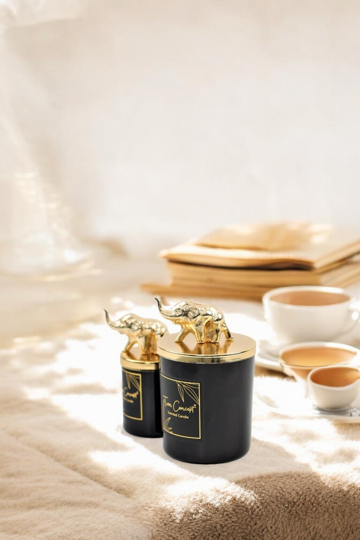 Dekoratif Gold Fil Tepelikli 2'li Siyah Bardak Mum Seti
