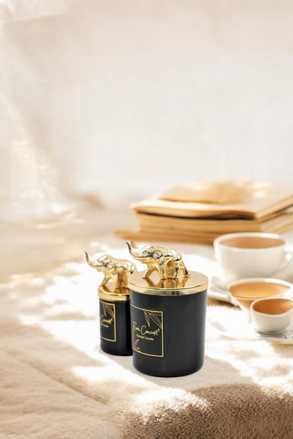 Dekoratif Gold Fil Tepelikli 2'li Siyah Bardak Mum Seti