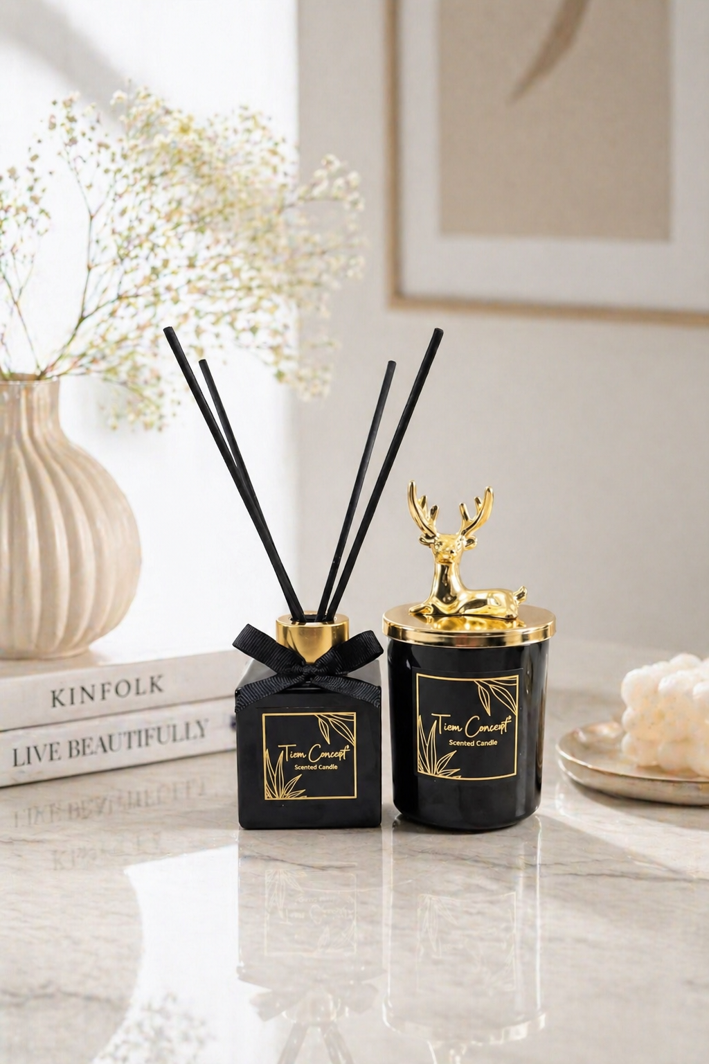 Geyik Başlıklı Gold Detaylı Oda Kokusu Ve Siyah Mum Seti 100 ml