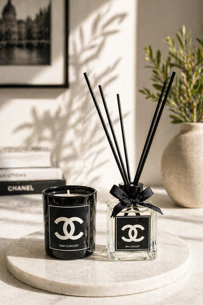 Stick Room Fragrance 100 ml and Black Glass Candle Set