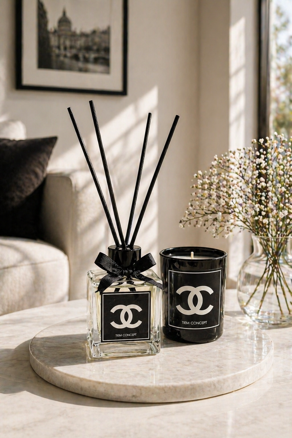 Stick Room Fragrance 100 ml and Black Glass Candle Set