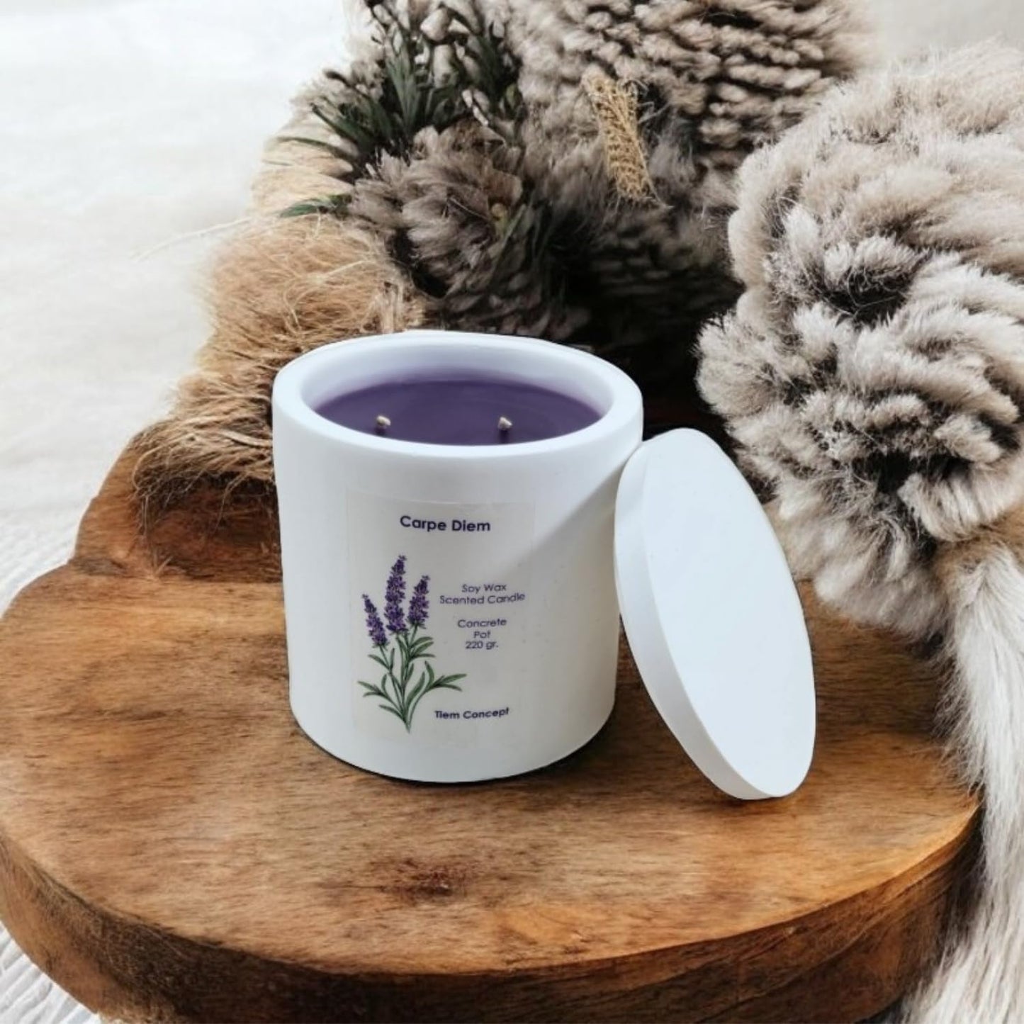 Lavanta Kokulu Beton Saksılı Kokulu Mum - %100 Doğal Soya Mum, El Yapımı Kapaklı Dekoratif Oda Kokusu