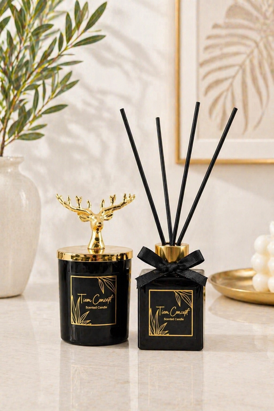 Geyik Başlıklı Gold Detaylı Oda Kokusu Ve Siyah Mum Seti 100 ml