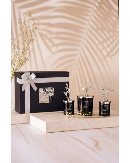 New Year Decorative Special Design Black Boxed Vanilla Scented Silver Deer Top 3-Piece Glass Candle Set