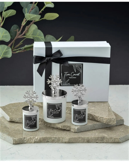 Tiem Concept Decorative Gift Boxed Vanilla Scented Silver Snowflake 3-Piece White Glass Candle Set
