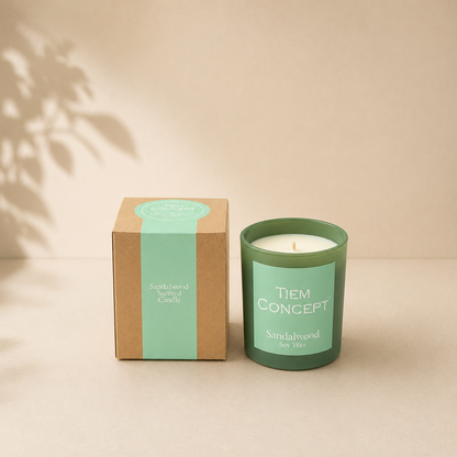100% Soy Candle Sandalwood Scented Green Color Boxed Glass Candle