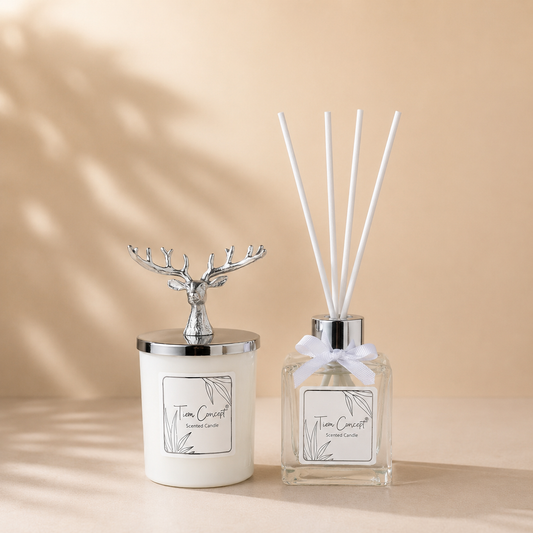 Geyik Başlıklı Gümüş Detaylı Çubuklu Oda Kokusu 100 ml ve Beyaz Bardak  Mum Seti