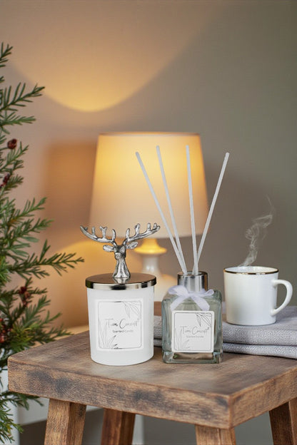 Deer Head Silver Detailed Stick Room Fragrance 100 ml and White Glass Candle Set