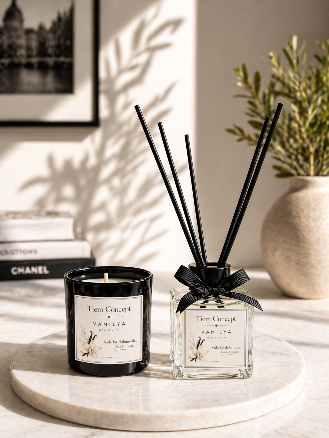 Stick Room Fragrance 100 ml and Black Glass Candle Set