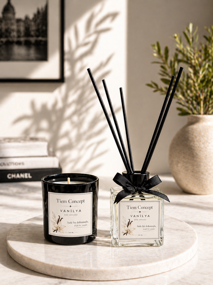 Stick Room Fragrance 100 ml and Black Glass Candle Set