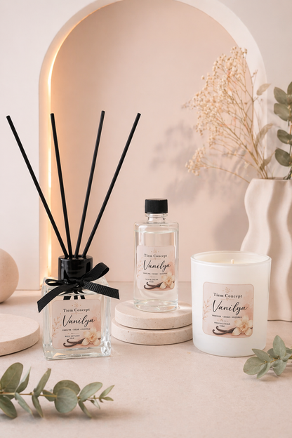 Vanilya Kokulu 3’lü Dekoratif Oda Kokusu Seti - 100 ml Çubuklu Oda Kokusu + 100 ml Yedek + Kokulu Mum