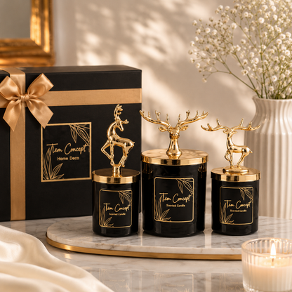New Year Decorative Special Design Black Boxed Vanilla Scented Silver Deer Top 3-Piece Glass Candle Set