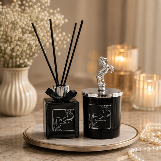 Decorative Horse Head Silver Detailed Stick Room Fragrance 100 ml and Black Glass Candle Set