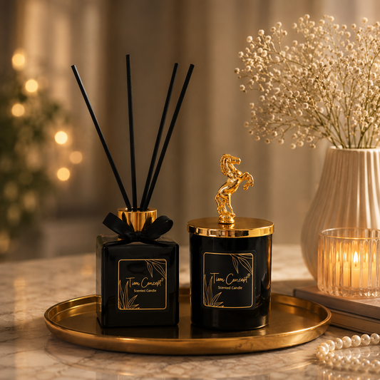 Dekoratif At Başlıklı Gold Detaylı Çubuklu Oda Kokusu 100 ml ve Siyah Bardak Mum Seti
