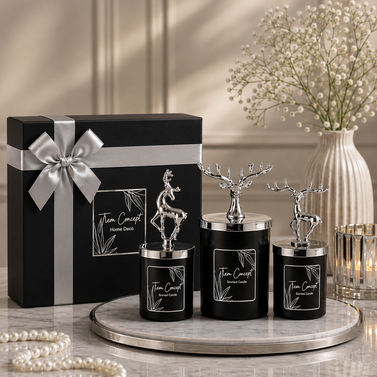 New Year Decorative Special Design Black Boxed Vanilla Scented Silver Deer Top 3-Piece Glass Candle Set