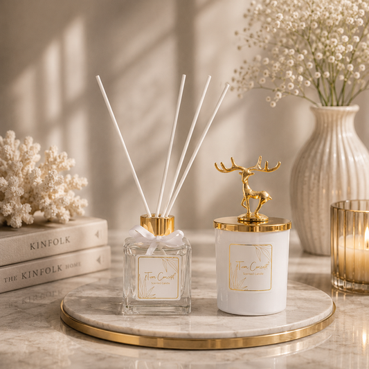 Geyik Başlıklı Gold Detaylı Çubuklu Oda Kokusu 100 ml ve Beyaz Bardak Mum Seti