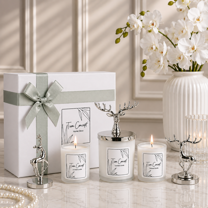 New Year Decorative Special Design White Boxed Vanilla Scented Silver Deer Top 3-Piece Glass Candle Set