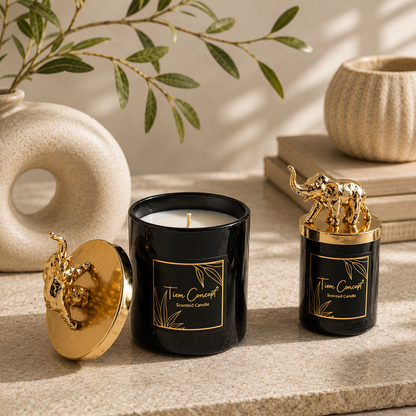 Tiem Concept Special Design Decorative Gold Elephant Top 2-Piece Black Glass Candle Set