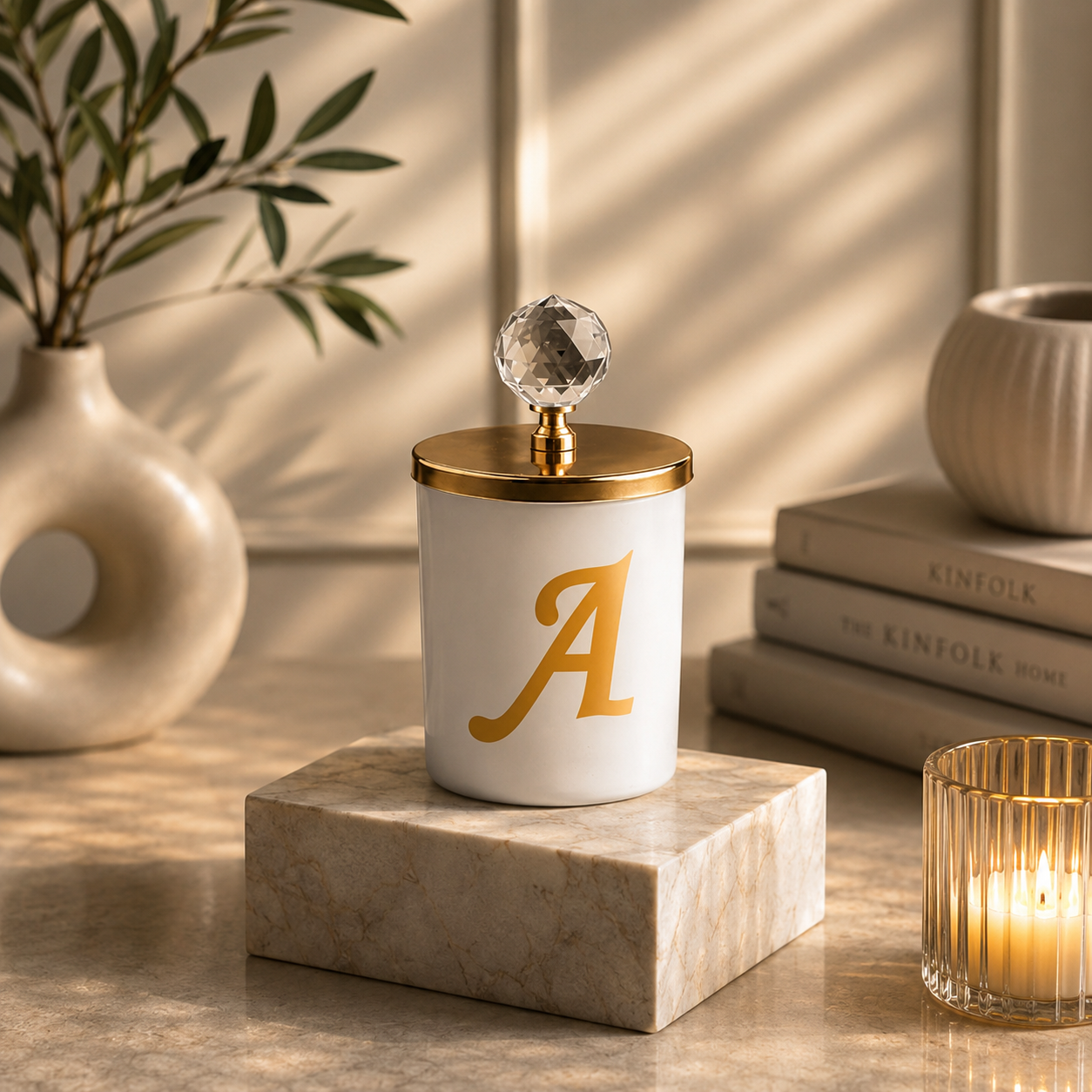 Tiem Concept Special Design L Letter Vanilla Scented Gold Crystal Top White Glass Candle