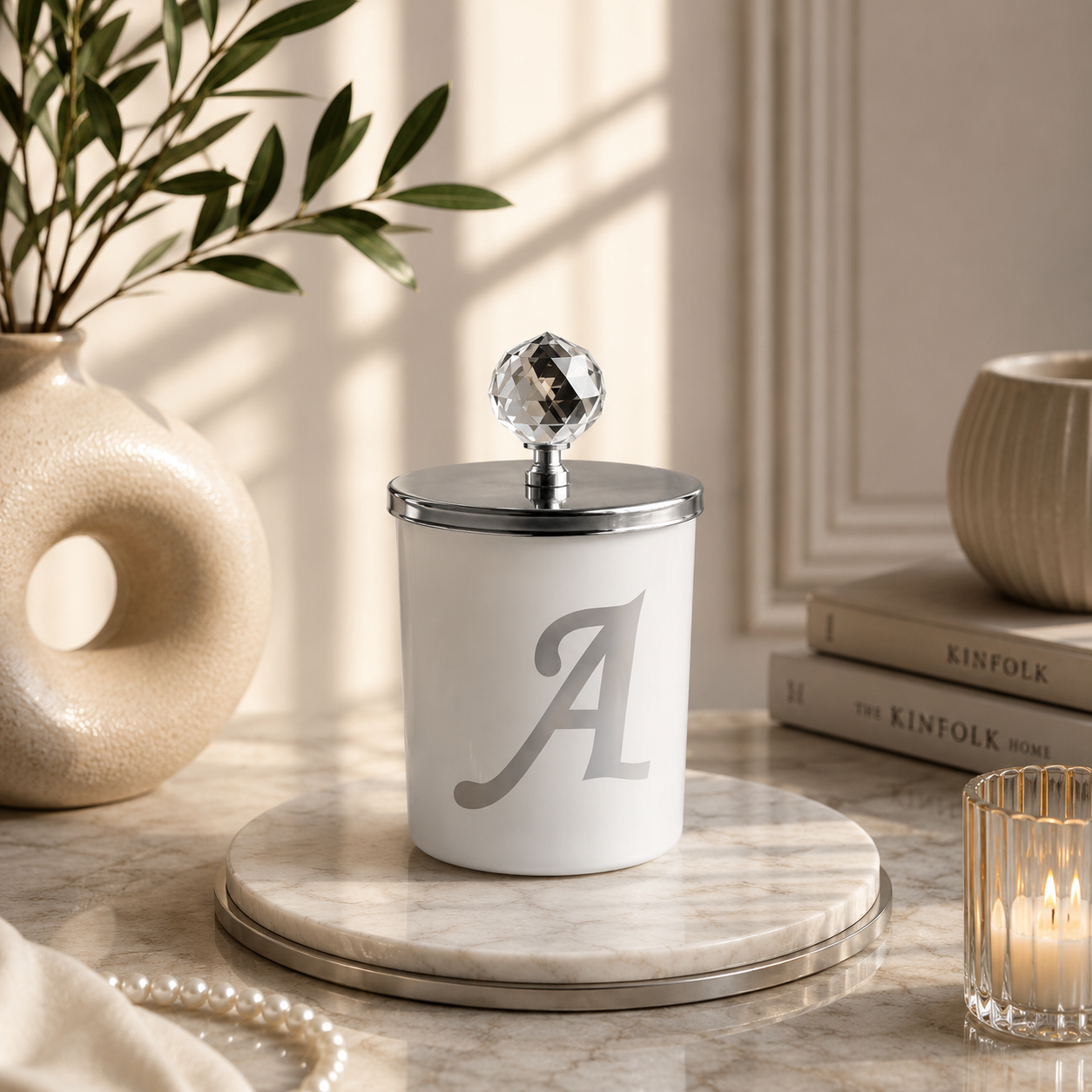 Tiem Concept Special Design Letter A Vanilla Scented Silver Crystal Top White Glass Candle