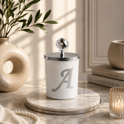 Tiem Concept Special Design Letter A Vanilla Scented Silver Crystal Top White Glass Candle