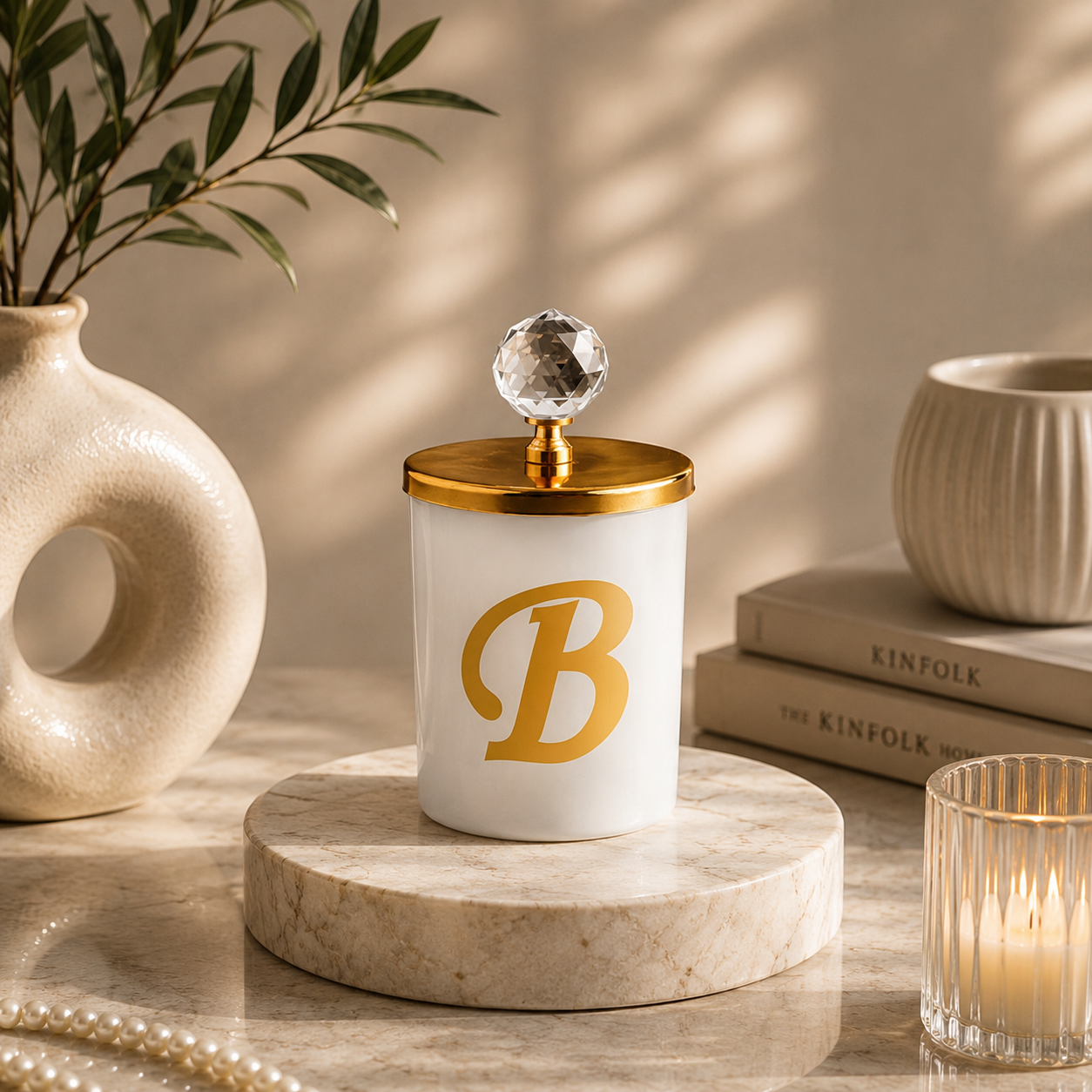 Tiem Concept Special Design L Letter Vanilla Scented Gold Crystal Top White Glass Candle