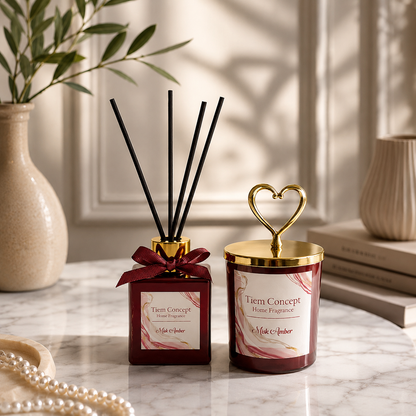 Heart Headed Gold Detailed Room Fragrance and Burgundy Candle Set 100 ml